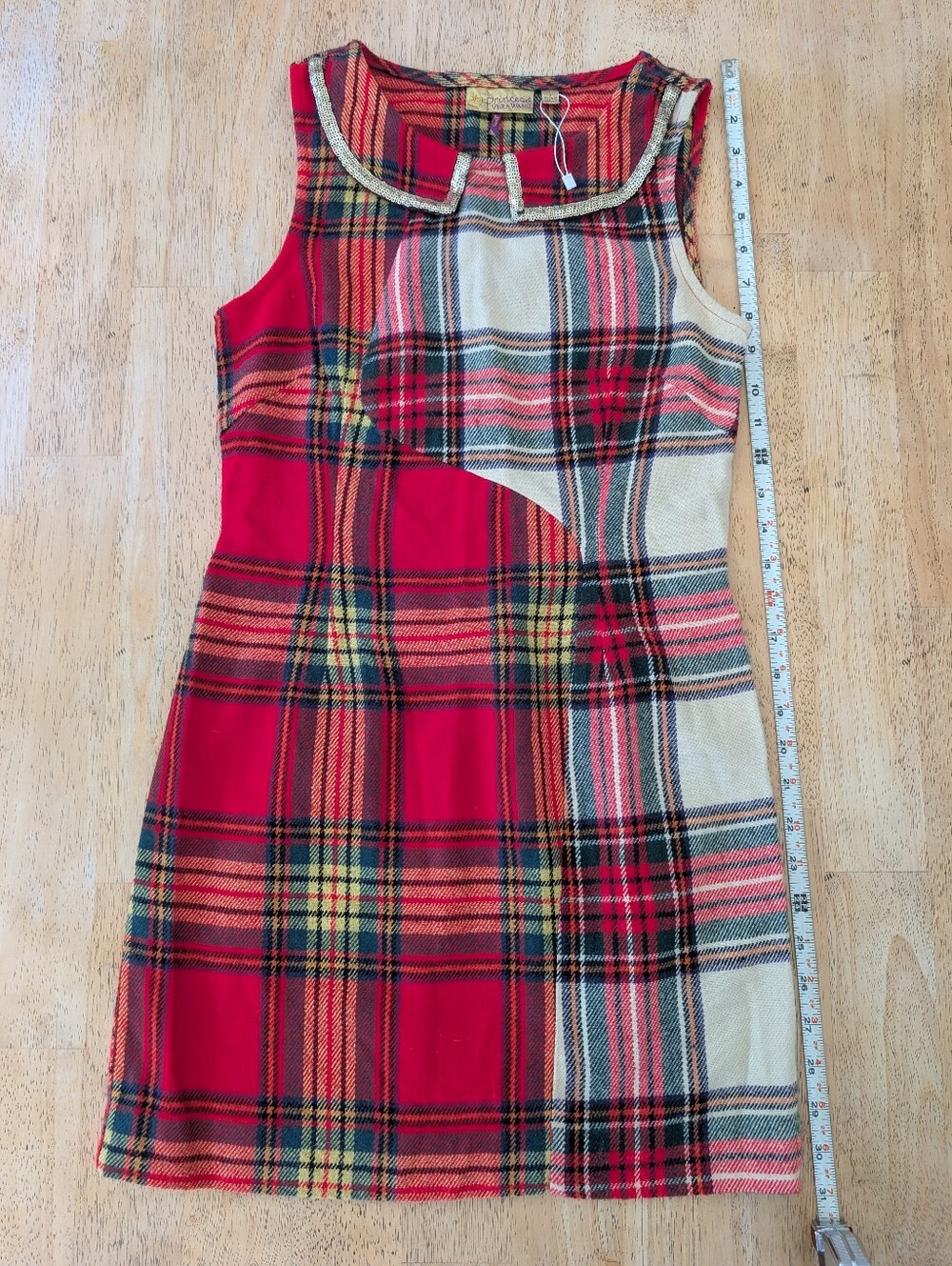 Vintage Vera Wang Red and Cream Plaid Sleeveless Dress with Gold Trim